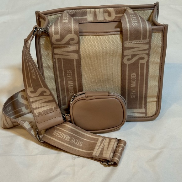 Steve Madden Beige Canvas Tote Crossbody with Logo Strap & Coin Pouch - Picture 3 of 9